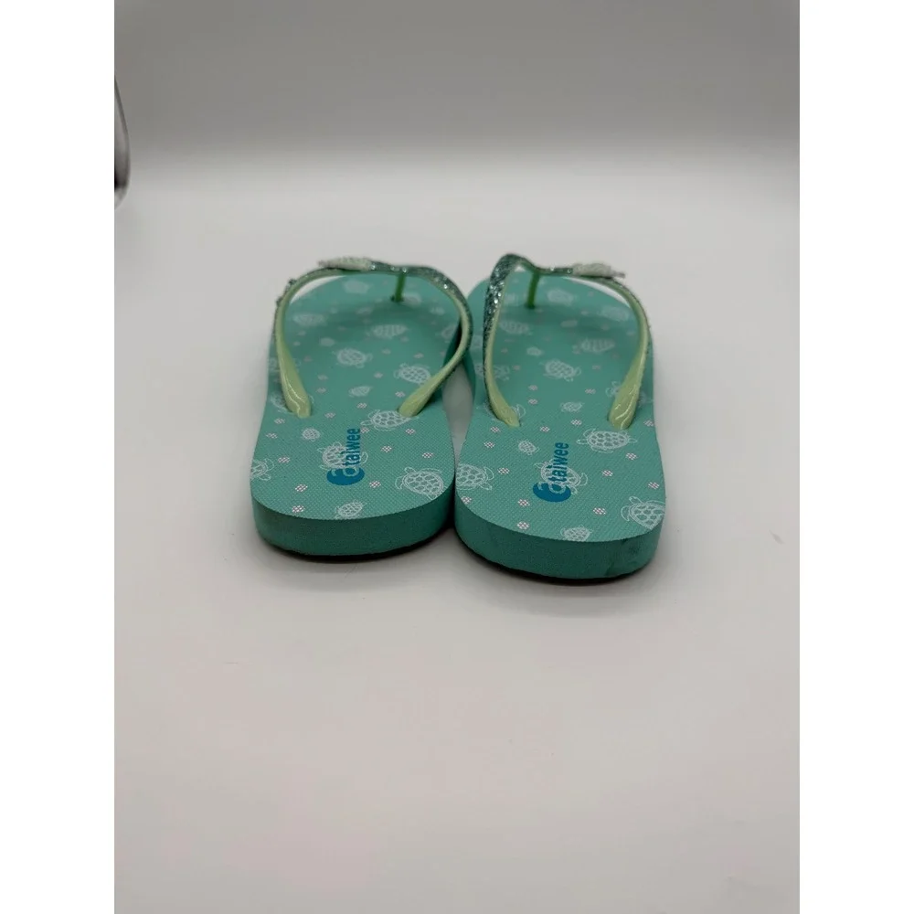 Girls Sea Turtle Glitter Flip Flop Sandals Teal Blue Green Size 4 Kids